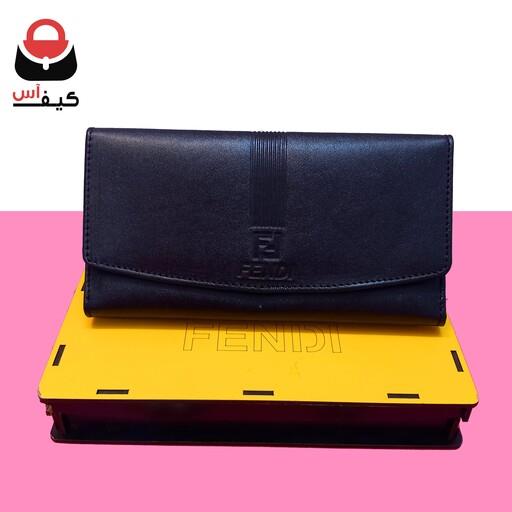 کیف پول چرم طبیعی شیک جادار جاموبایلی دار مارک fendi باکس چوبی